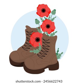Military veteran boots with bouquet red poppy flowers. Vector illustration 