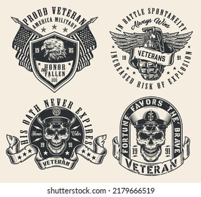 Military Veteran Set Logotype Monochrome Vintage For Soldiers Of Army Symbols Of Honor And Valor In Grunge Style Vector Illustration