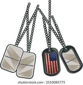 Military vintage dog tags. Soldier identity token on chain. 