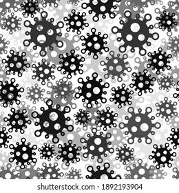 Military virus seamless pattern background. Coronavirus epidemic disease 2019-nCoV Protective ornament. Pandemic concept Soldier and Hunter grayscale camouflage print texture