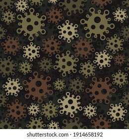 Military virus seamless pattern background. Coronavirus epidemic disease 2019-nCoV Protective ornament. Pandemic concept Soldier and Hunter brown khaki camouflage print texture
