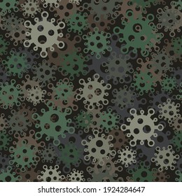 Military virus seamless pattern background. Coronavirus epidemic disease 2019-nCoV Protective ornament. Pandemic concept Soldier and Hunter green camouflage print texture