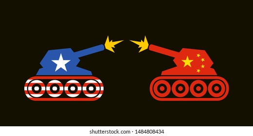 Military war and conflict between USA and China - tanks are attacking and fighting during battle. Vector illustration	