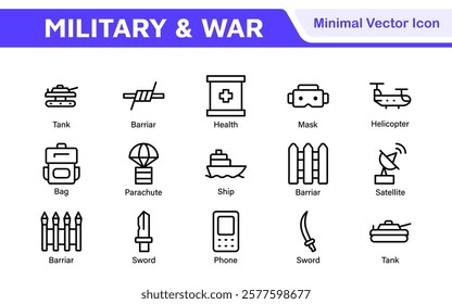 Military and War Icon Set. A powerful collection of icons representing defense and combat themes, perfect for enhancing educational materials, military websites, and historical projects.