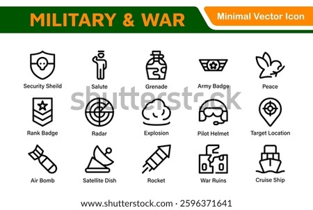 Military and War Icon Set. A powerful collection of icons representing defense and combat themes, perfect for enhancing educational materials, military websites, and historical projects.