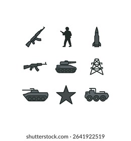 Military and war Icon Set – Vector Symbols of Gun, Soldier , Tank, Tower, Missile - black and grey simple icon set.