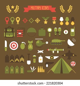 Military And War Icons Set. Army Infographic Design Elements. Illustration In Flat Style.