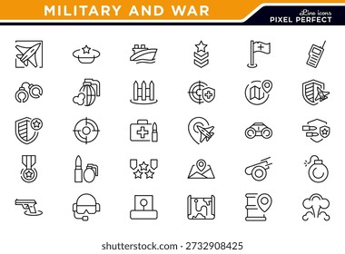 Military and war line icon set. Patrol, rescue, extraction, combat, firefight, ambush, assault, army, battle, weapon, defense outline icons. Vector illustration