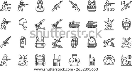 Military, war line icon set. Vector pictograms of soldier, weapon, defense equipment, tank, missiles, grenade, combat gear, battlefield thin linear