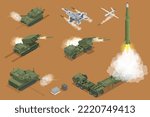 Military war set Isometric rocket salvo fire system on a wheeled landing gear. Rocket artillery. Tactical ballistic missile. Army tractor with a rocket. Medium Range Ballistic Missile.