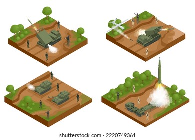 Military War Set Isometric Rocket Salvo Fire System On A Wheeled Landing Gear. Rocket Artillery. Tactical Ballistic Missile. Army Tractor With A Rocket. Medium Range Ballistic Missile.