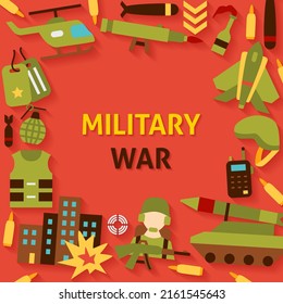Afiche de plantilla de guerra militar. Ilustración vectorial de los símbolos del ejército.