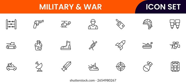 Colección de iconos de línea de Web militar y de Vector de guerra, ilustraciones elegantes de tanques, medallas, escudos, estrategia para diseños audaces y tácticos.