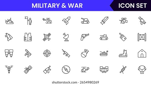 Military and War vector web line icon collection, sleek illustrations of tanks, medals, shields, strategy for bold, tactical designs.