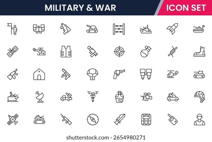 Military and War vector web line icon collection, sleek illustrations of tanks, medals, shields, strategy for bold, tactical designs.