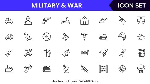 Militares e guerra vetor web linha ícone coleção, ilustrações elegantes de tanques, medalhas, escudos, estratégia para bold, desenhos táticos.