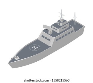 Military Warship Isometric Vector Illustration. Naval Combat Ship Clipart On White Background. Water Transportation. Army Nautical Battleship, Armed Frigate. War Metal Vessel, Navy Design Element