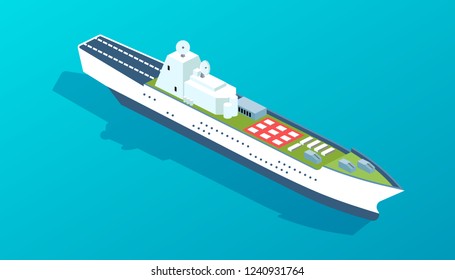 Military warship for transporting people and goods, with military training ground, landing strip for aircraft and military equipment. Sea boat, large ship with radars. Isometric vector.