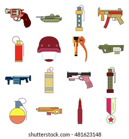 Military and weapon 16 flat icon set on background