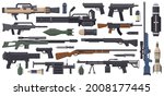 Military weapon. Army weapons, rocket, grenade launcher, machine gun and bazooka isolated vector illustration set. Automatic weapon collection. Firearm, warriors isolated ammunition