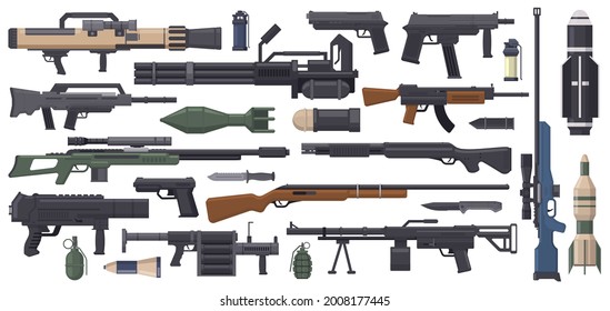 Military weapon. Army weapons, rocket, grenade launcher, machine gun and bazooka isolated vector illustration set. Automatic weapon collection. Firearm, warriors isolated ammunition