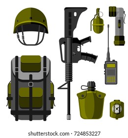 Military weapon guns armor forces design and american fighter ammunition navy camouflage vector illustration.