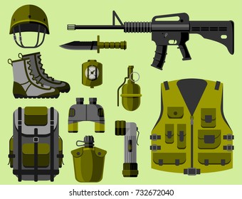 Military weapon guns armor forces design and american fighter ammunition navy camouflage vector illustration.
