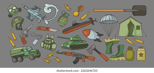 Vektorgrafiken für Militärwaffen und Militärausrüstung, Set. Cartoon Zeichnungen von Gewehren, Kugeln, Messer, Granate, Axt, Helm, Soldatenstiefel, Transport auf grauem Hintergrund. Krieg, militärischer Begriff