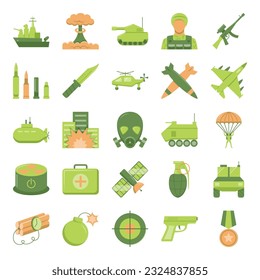 Juego de iconos planos de armas militares. Símbolos de guerra y ejército. Ilustración vectorial.