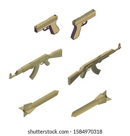 Military weapons isometric vector illustrations set. Modern army armament, ammunition, armed conflict design elements. Handguns, automatic machine guns and missile rockets isolated on white background