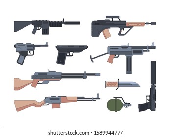 Military weapons and munition flat illustrations set. Collection of silenced shotguns and guns. Assault rifles, bomb, knife. Army equipment pack. Battle carbines isolated on white background