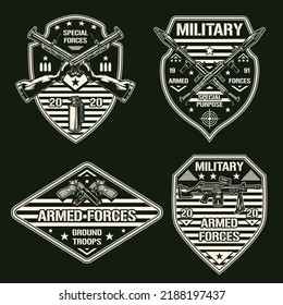 Military Weapons Set Flyer Vintage Monochrome Firearms And Bomb Weapons Of Offensive Forces With Submachine Guns Vector Illustration