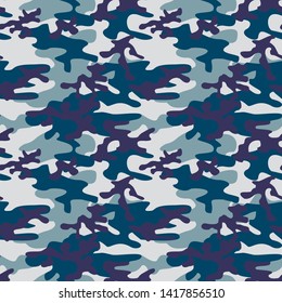 
Military winter camouflage seamless pattern. Blue and gray spots on a white background. Print fabric. Paper design. Vector
