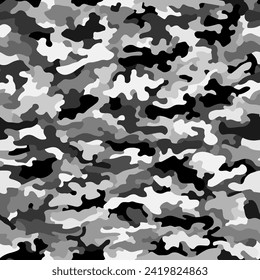 Camuflaje blanco urbano de invierno militar sin fisuras. Estilo clásico de ropa enmascarando la impresión repetida de camo. Textura de nieve de invierno de color blanco gris negro. Ilustración del elemento de diseño del vector