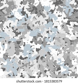 Military winter woodland white camouflage seamless pattern. Classic clothing style masking camo repeat print. Black grey white colors winter snow texture. Vector design element illustration