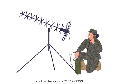 Mujer militar personaje de dibujos animados que trabaja con las comunicaciones de radio en el ejército aislado en blanco