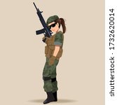 Military woman or female with gun or rifle, helmet and ammo. Cartoon officer or infantry in camouflage. Cartoon character concept.