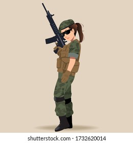 Military woman or female with gun or rifle, helmet and ammo. Cartoon officer or infantry in camouflage. Cartoon character concept.