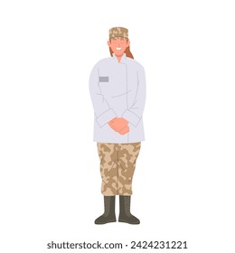 Military woman nurse hospital worker cartoon character wearing camouflage uniform and white coat