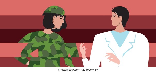 Military woman with PTSD. Flat vector stock illustration. Psychotherapist and victim. Military operations. Psychotherapy and mental help for sadness, unhappiness, depression