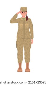 Mujer militar saludando al personaje vector de color semiplano. Cifras. Persona de cuerpo entero sobre blanco. Elegir carrera militar simple ilustración de estilo de dibujos animados para diseño gráfico web y animación