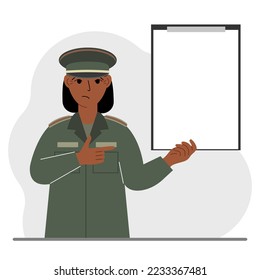 Military woman in uniform with clipboards and a white sheet of paper for text. Vector flat illustration