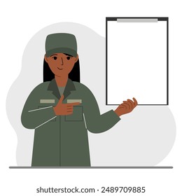 Military woman in uniform with clipboards and a white sheet of paper for text. Vector flat illustration