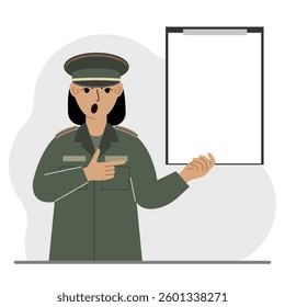 Military woman in uniform with clipboards and a white sheet of paper for text. Vector flat illustration