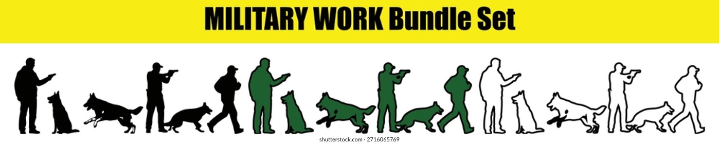 Silhuetas de cães de trabalho militares e manipuladores para design