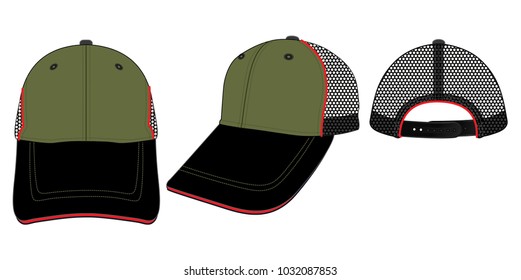 Military-black mesh baseball cap with red line piping and red sandwich, adjustable snap back closure design on white background.