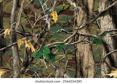 Military-Grade Forest Camouflage Pattern with Real Tree Branch and Leaf Textures