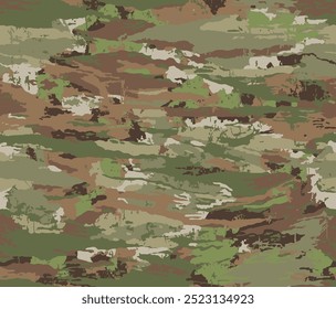 Military-inspired camouflage seamless pattern featuring a mix of earthy tones such as dark green, olive, khaki, light and dark brown, designed to blend into natural surroundings.