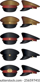 Military-Style Caps with Red Bands and Gold Emblems – Five Variations in Tan, Light Brown, and Black, Side and Top Views