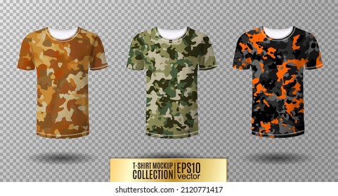 Military-style shirts for men. Set of t-shirts mock up. Camouflage. Vector realistic, 3d illustration